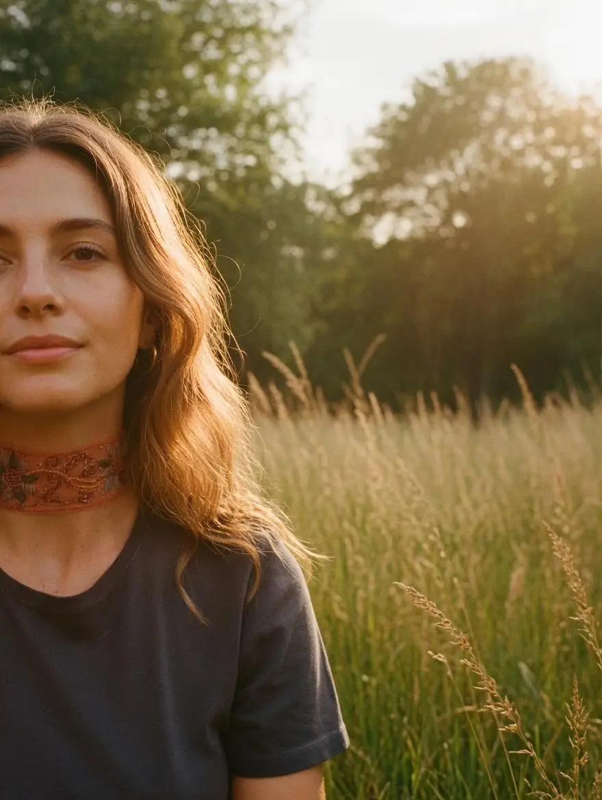 Invitada al atardecer con un choker bordado de Traselvelo