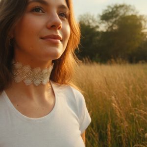 Choker bordado en pedrería y lentejuelas plateadas sobre tul transparente, modelo Lumine – Traselvelo