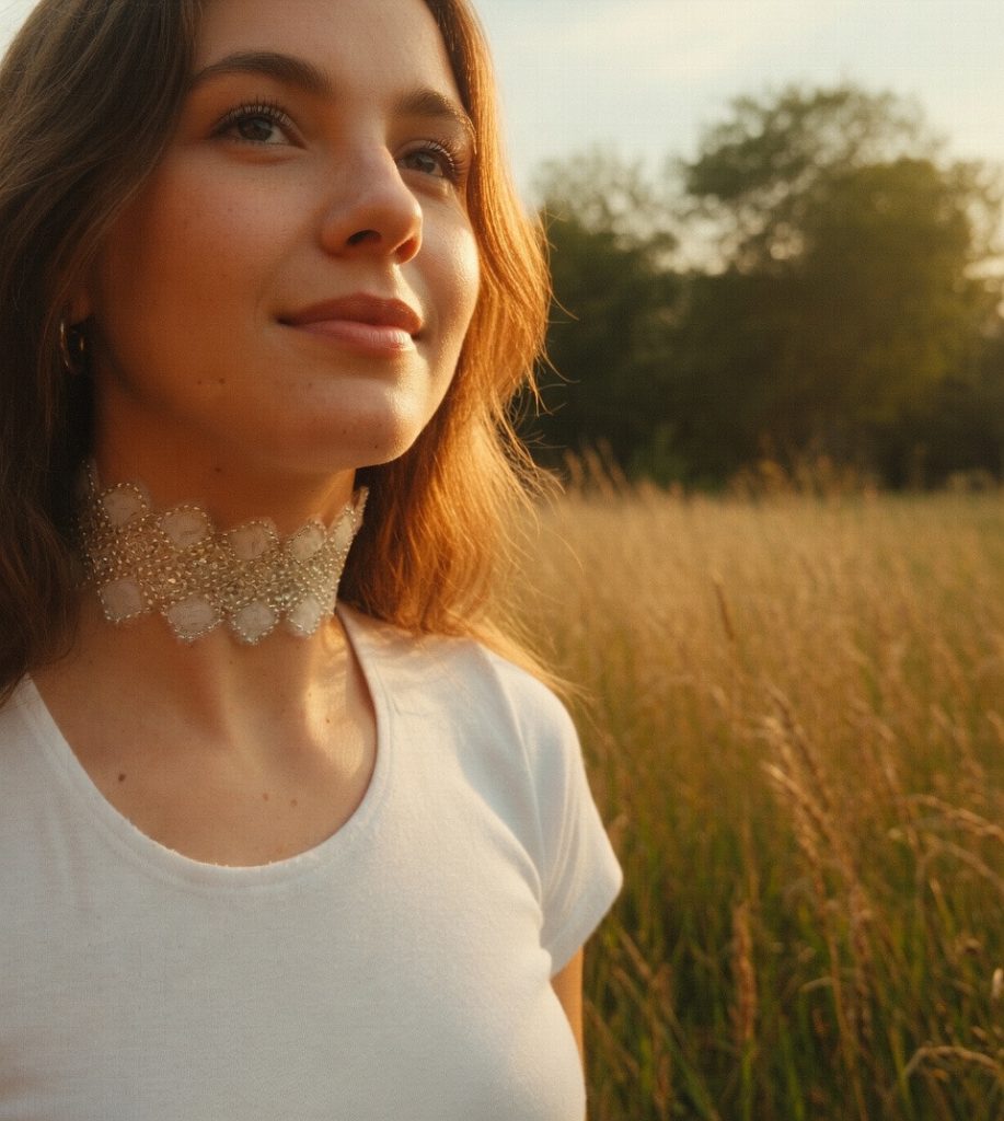 Choker bordado en pedrería y lentejuelas plateadas sobre tul transparente, modelo Lumine – Traselvelo