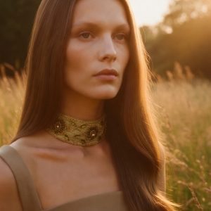 Choker bordado en pedrería y lentejuelas en tonos verde oliva y dorado, modelo Alaria – Traselvelo