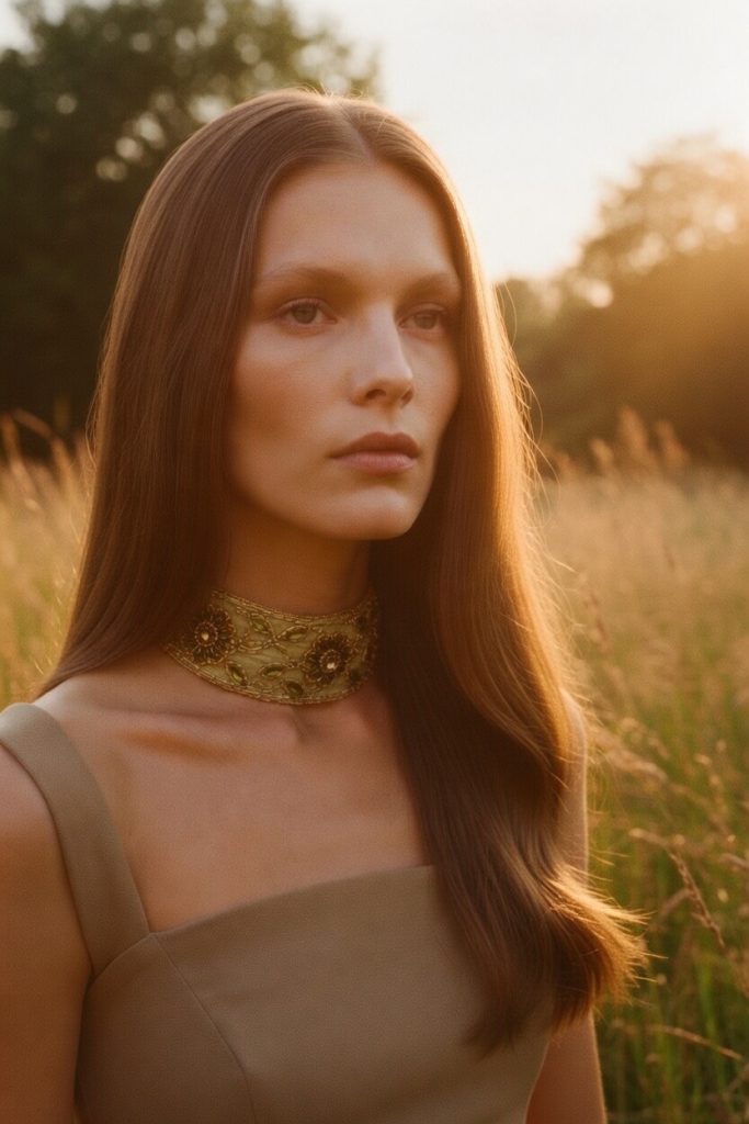 Choker bordado en pedrería y lentejuelas en tonos verde oliva y dorado, modelo Alaria – Traselvelo