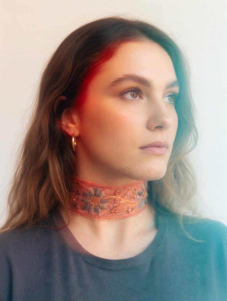 Choker bordado en pedrería y lentejuelas en tonos corales y grises, modelo Fable – Traselvelo