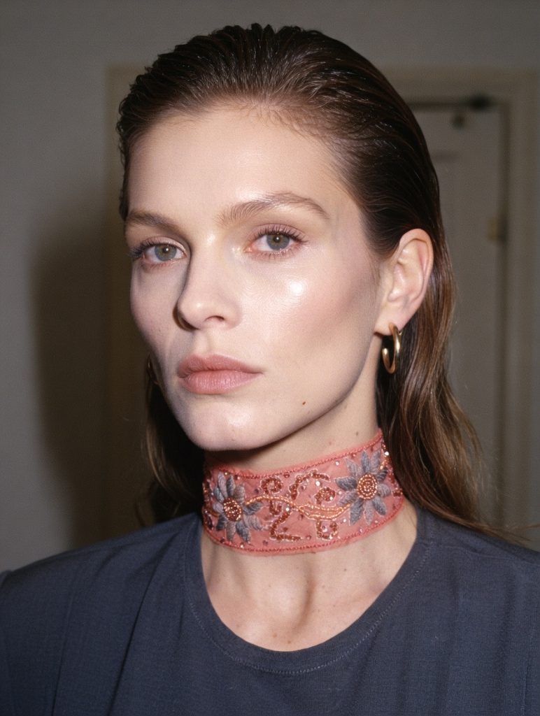 Choker bordado en pedrería y lentejuelas en tonos corales y grises, modelo Fable – Traselvelo