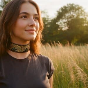 Choker bordado en pedrería y lentejuelas color mostaza, modelo Liora – Traselvelo