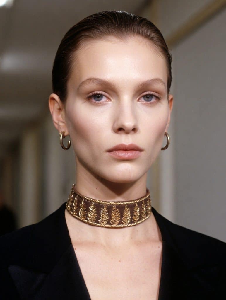 Choker de tela con bordados en relieve de hojas doradas, color marrón chocolate, modelo Yara – Traselvelo