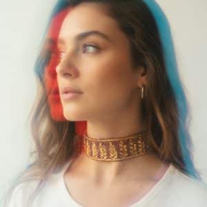 Choker de tela con bordados en relieve de hojas doradas, color marrón chocolate, modelo Yara – Traselvelo