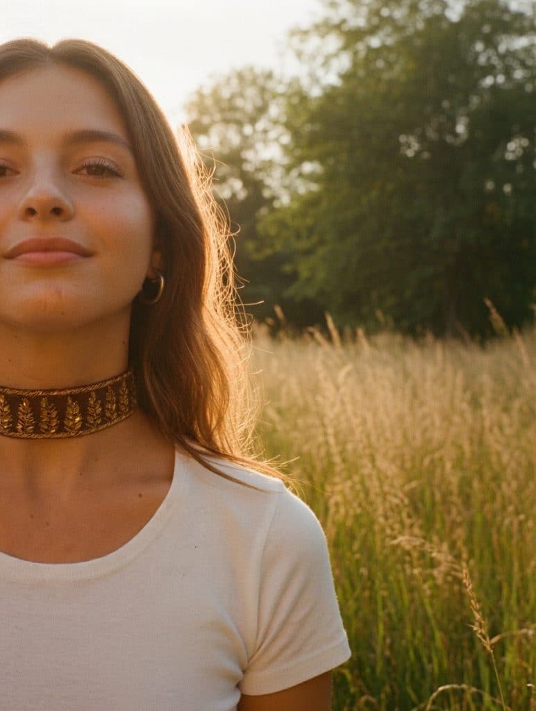 Choker de tela con bordados en relieve de hojas doradas, color marrón chocolate, modelo Yara – Traselvelo