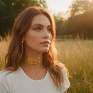 Choker de tela con bordados en relieve de hojas doradas, color champagne, modelo Yara – Traselvelo