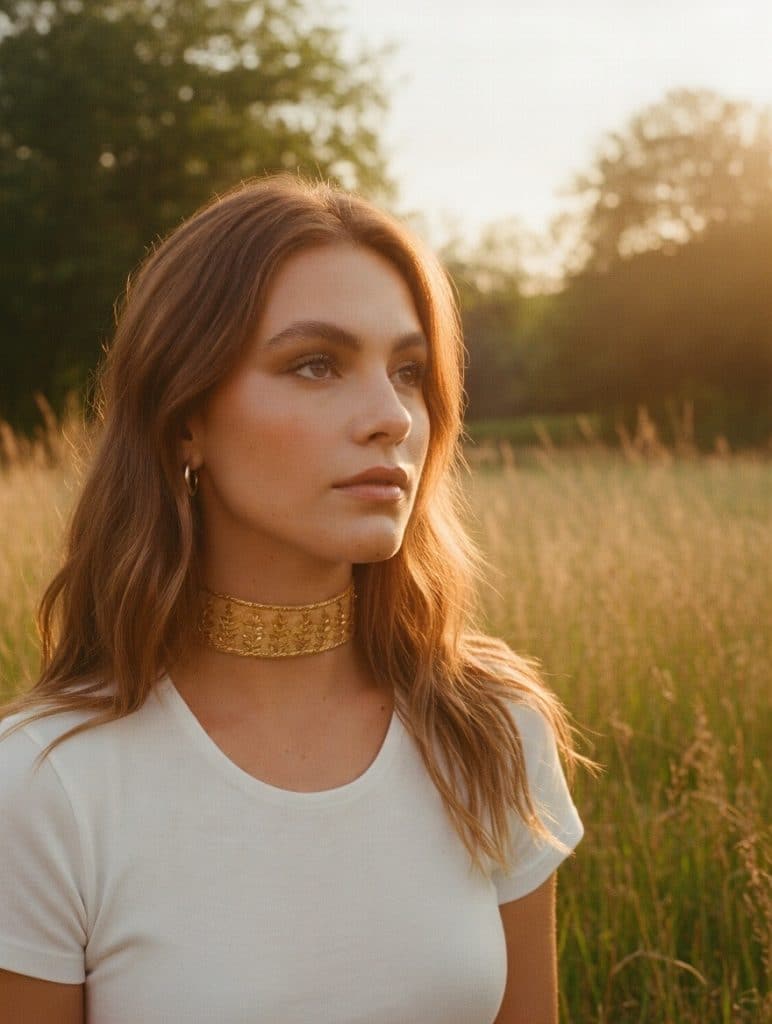 Choker de tela con bordados en relieve de hojas doradas, color champagne, modelo Yara – Traselvelo