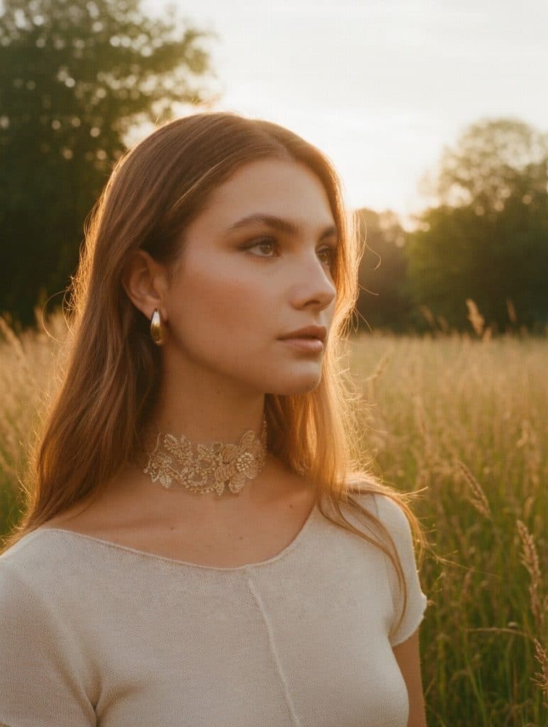 Choker de encaje con flores de lentejuelas color beige, modelo Flora – Traselvelo
