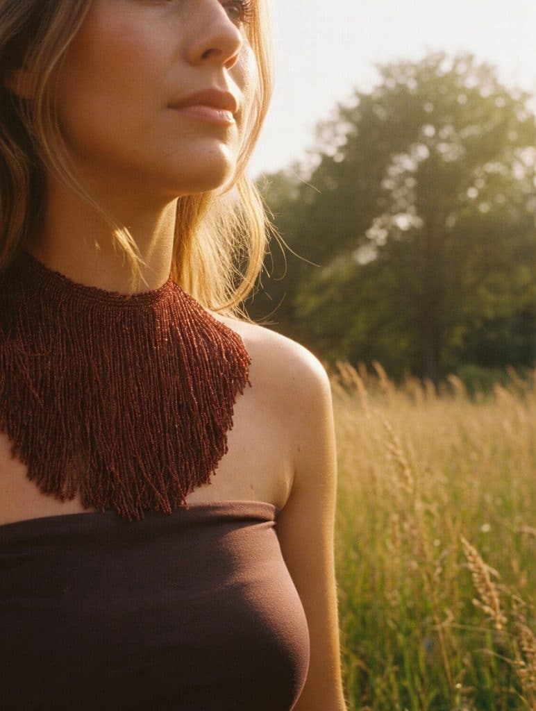 Choker de flecos largos con brillos metálicos color burdeos, modelo Marea – Traselvelo