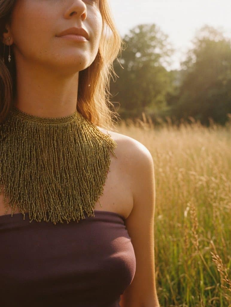 Choker de flecos largos con brillos metálicos color dorado, modelo Marea – Traselvelo