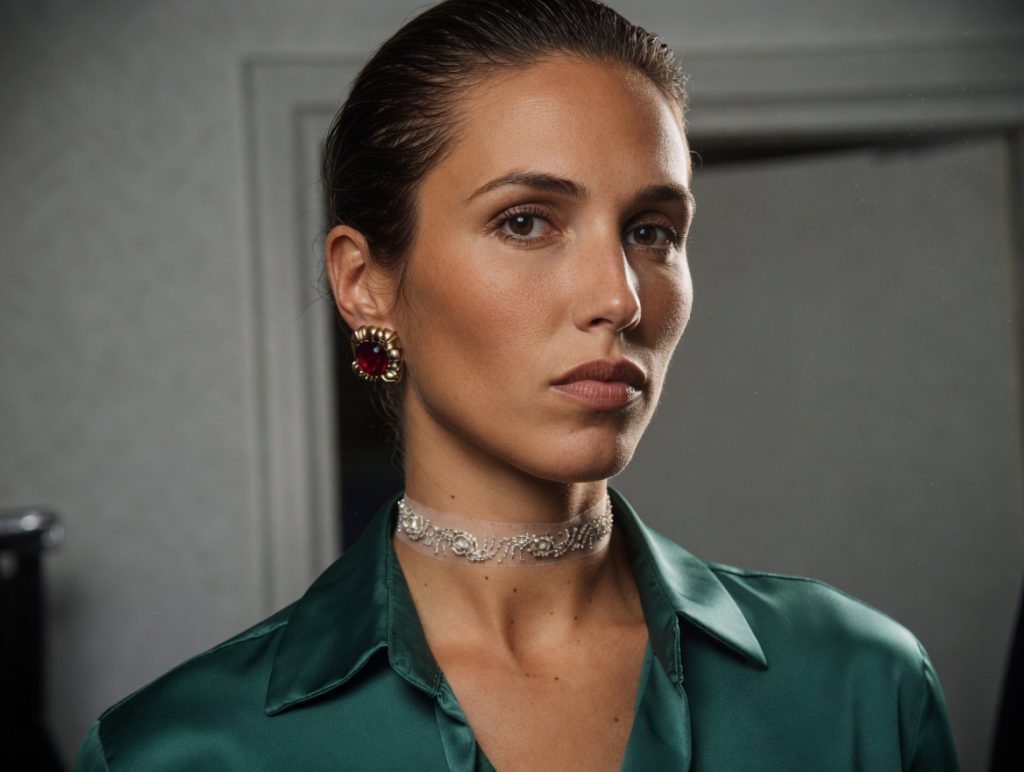 Choker de tul transparente bordado en pedrería plateada, modelo Sira – Traselvelo