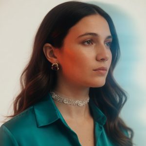 Choker de tul transparente bordado en pedrería plateada, modelo Sira – Traselvelo