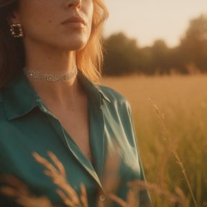 Choker de tul transparente bordado en pedrería plateada, modelo Sira – Traselvelo