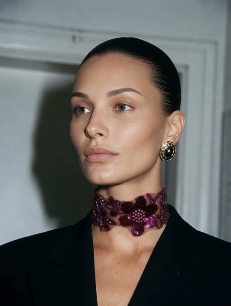 Choker de encaje con flores de lentejuelas color granate, modelo Flora – Traselvelo
