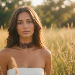 Choker de encaje con flores de lentejuelas color marrón, modelo Flora – Traselvelo